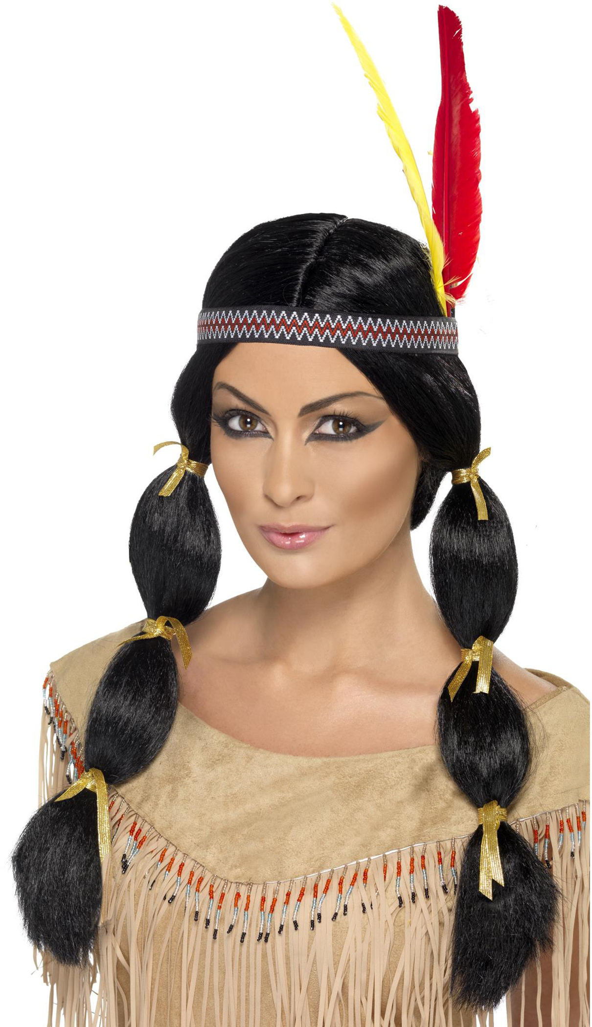 PELUCA INDIO NEGRA CON PLUMAS