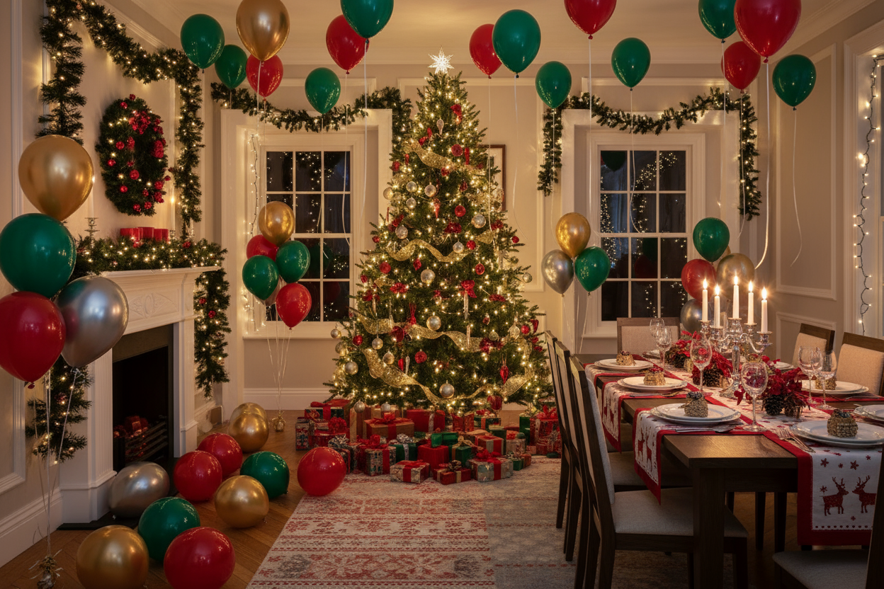 Christmas party without people and bunch of ballons